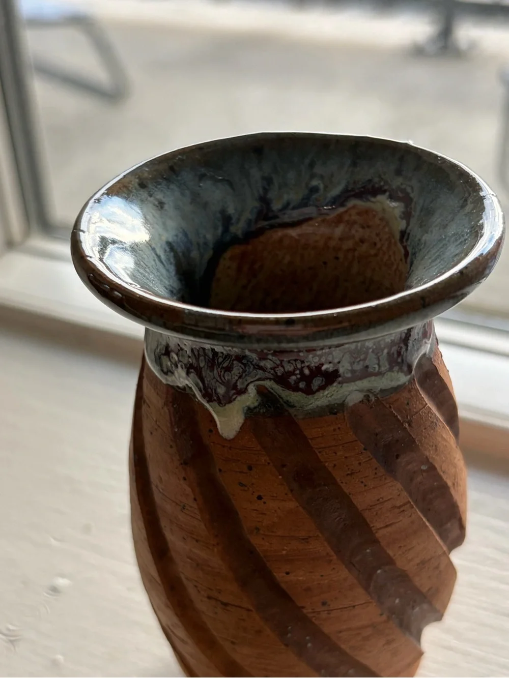 Handcrafted Studio 4.5” Pottery Bud Vase Carved Spiral Pattern Drip Glaze Rim